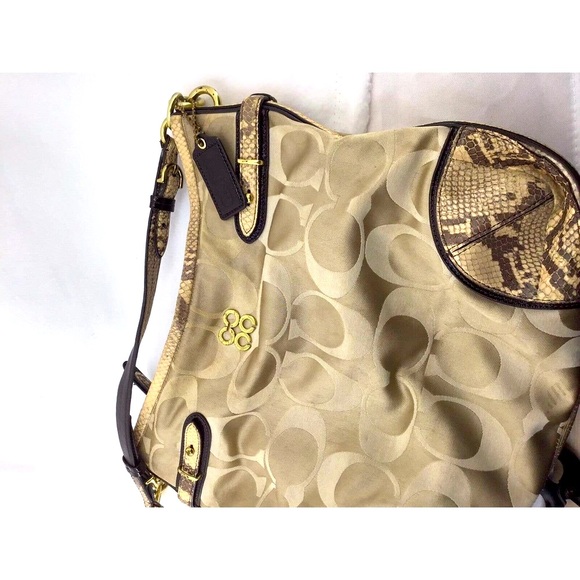 Coach Colette Signature Beige Sateen Python Leather Hobo Bag Size 13X13 - Picture 3 of 12